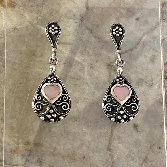 Sterling Silver 925 BOMA MOP Mother Of Pearl Oxidized Scrollwork Dangle Earrings - Picture 2 of 16